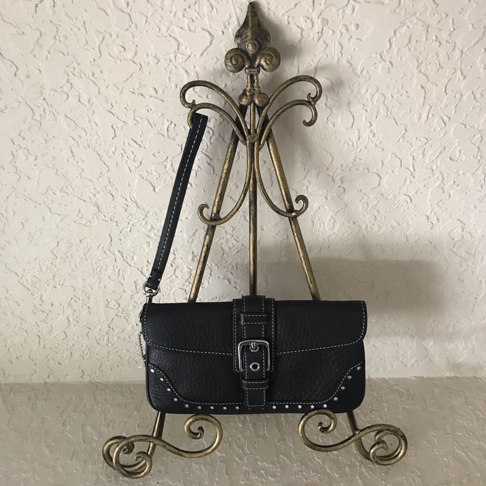Coach Black Leather & White Stitch Wristlet